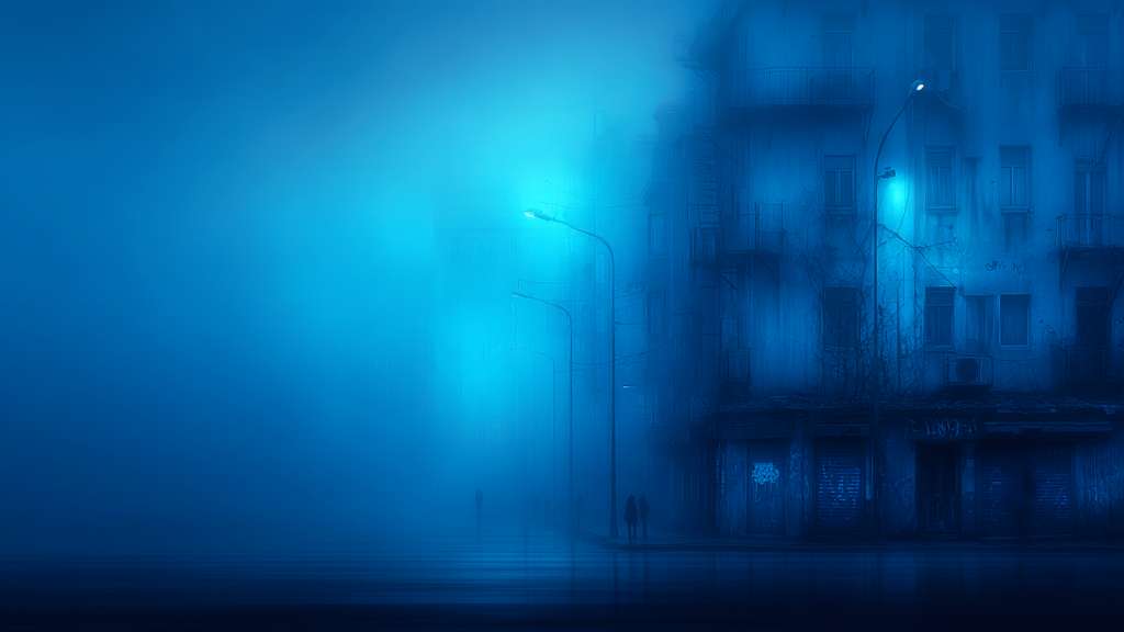 Meridian City cinematic misty night alley with glowing glyphs and neon reflections