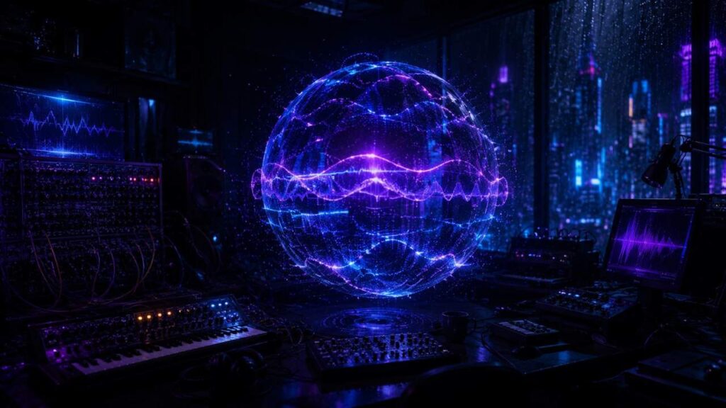 Cinematic Cyberpunk Studio Scene with Brackish Pads Atmosphere Sphere