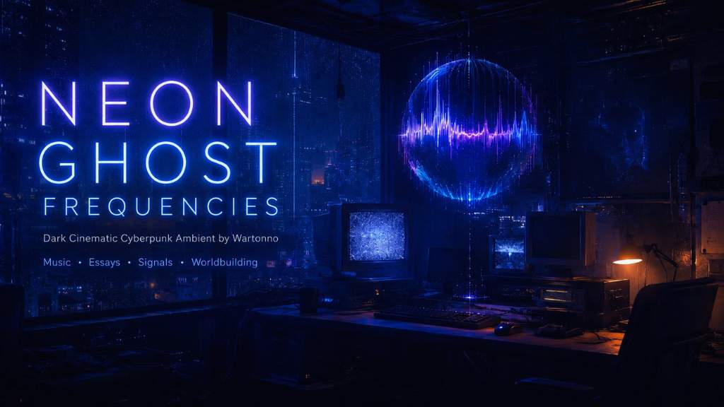 Dark cyberpunk city with glowing signal, rain, machine atmosphere, and neon reflections representing Wartonno’s Neon Ghost Frequencies project.