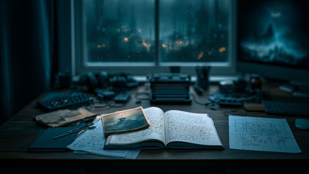Atmospheric night workspace representing Wartonno's creative process across writing, music, photography and special worldbuilding