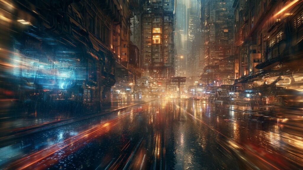 Cinematic rainy night city scene with a glowing screen and ghostly digital atmosphere representing cyberpunk ambient music inspired by Blade Runner and Neuromancer