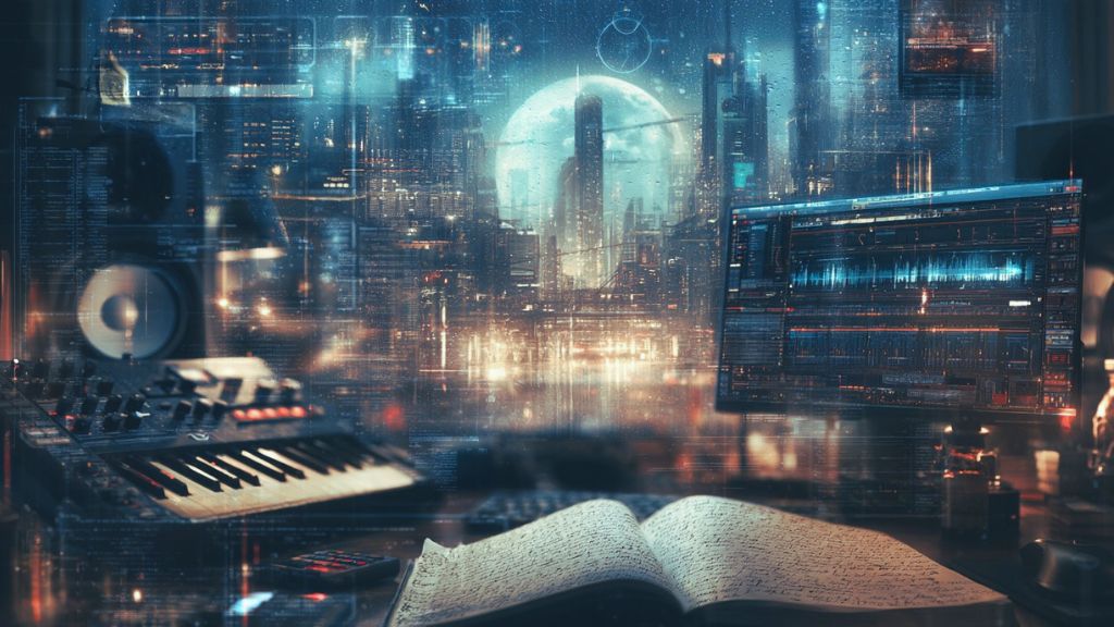 Dark electronic music studio with synthesizers and handwritten notes illustrating Wartonno's cyberpunk ambient composition process